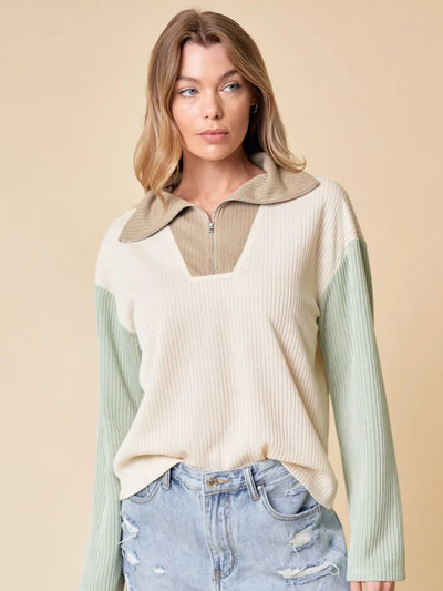 Funnel Neck Color Block Quarter Zip Up
