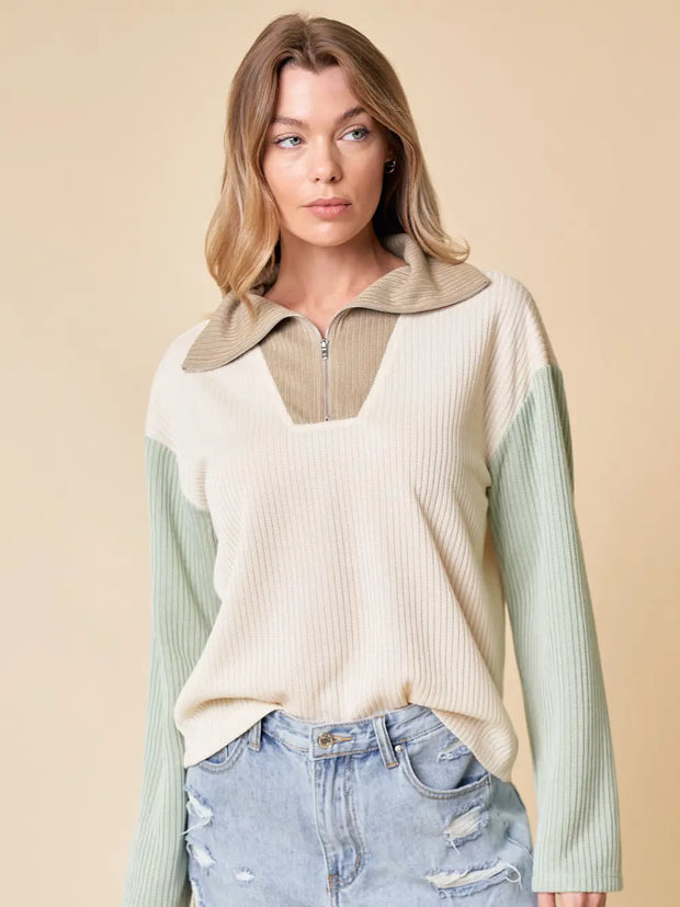 Funnel Neck Color Block Quarter Zip Up