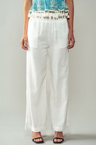 White Smocked High Waist Linen Pants