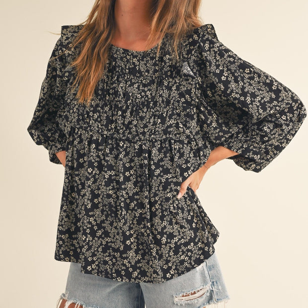 Black Floral Ruffle Top - small