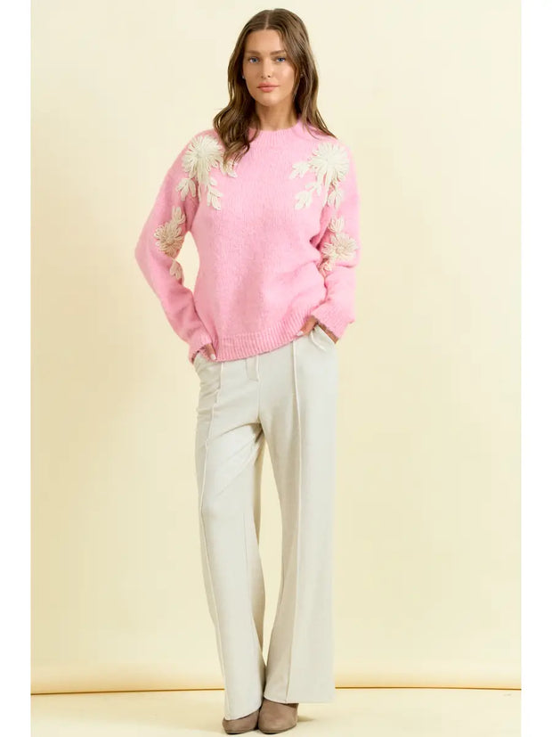 Pink Flower Applique Sweater
