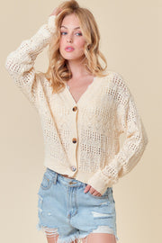Pointelle Knitted V-Neck Crop Cardigan