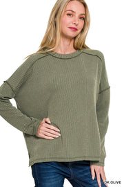 Olive Ribbed Boat Neck Top - M/L