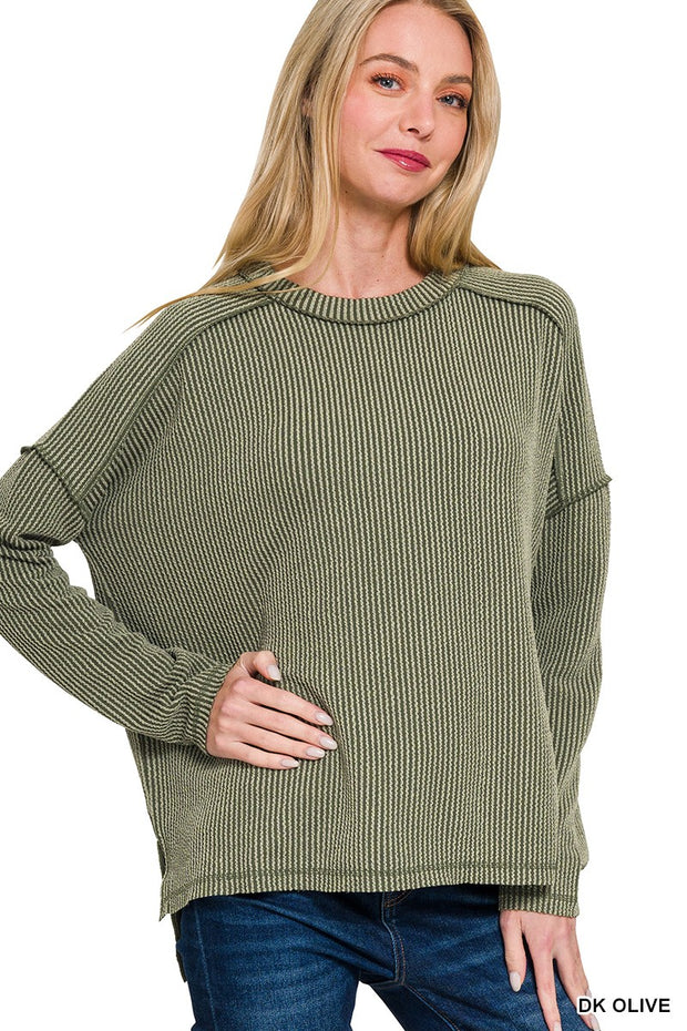 Olive Ribbed Boat Neck Top - M/L