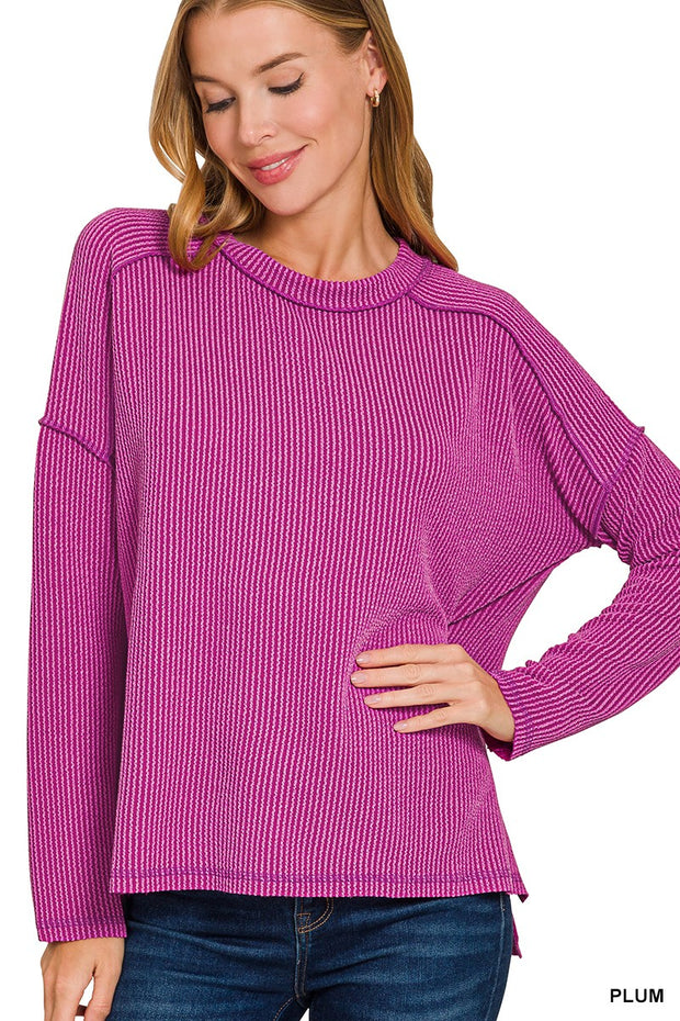 Plum Ribbed Boat Neck Top