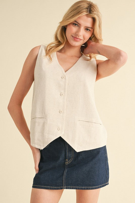 Cream Linen Button Up Vest - Large