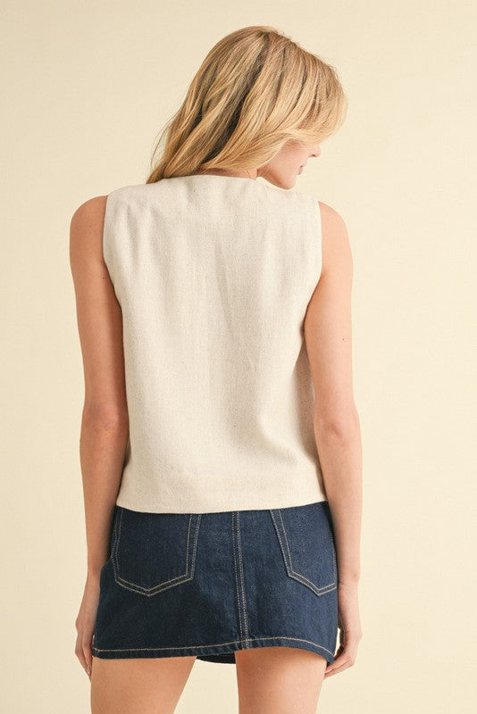 Cream Linen Button Up Vest - Large