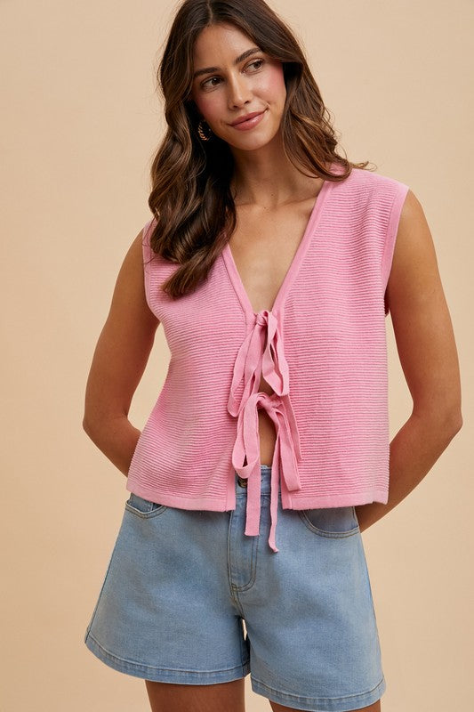 Pink Tie Front Sweater Vest - XL
