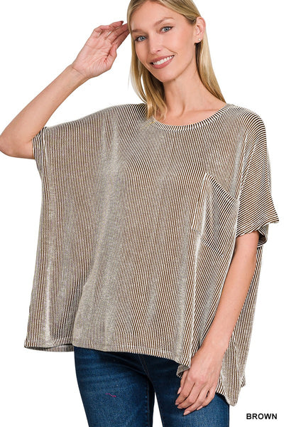 Brown Striped Oversized Short Sleeve Top - L/XL