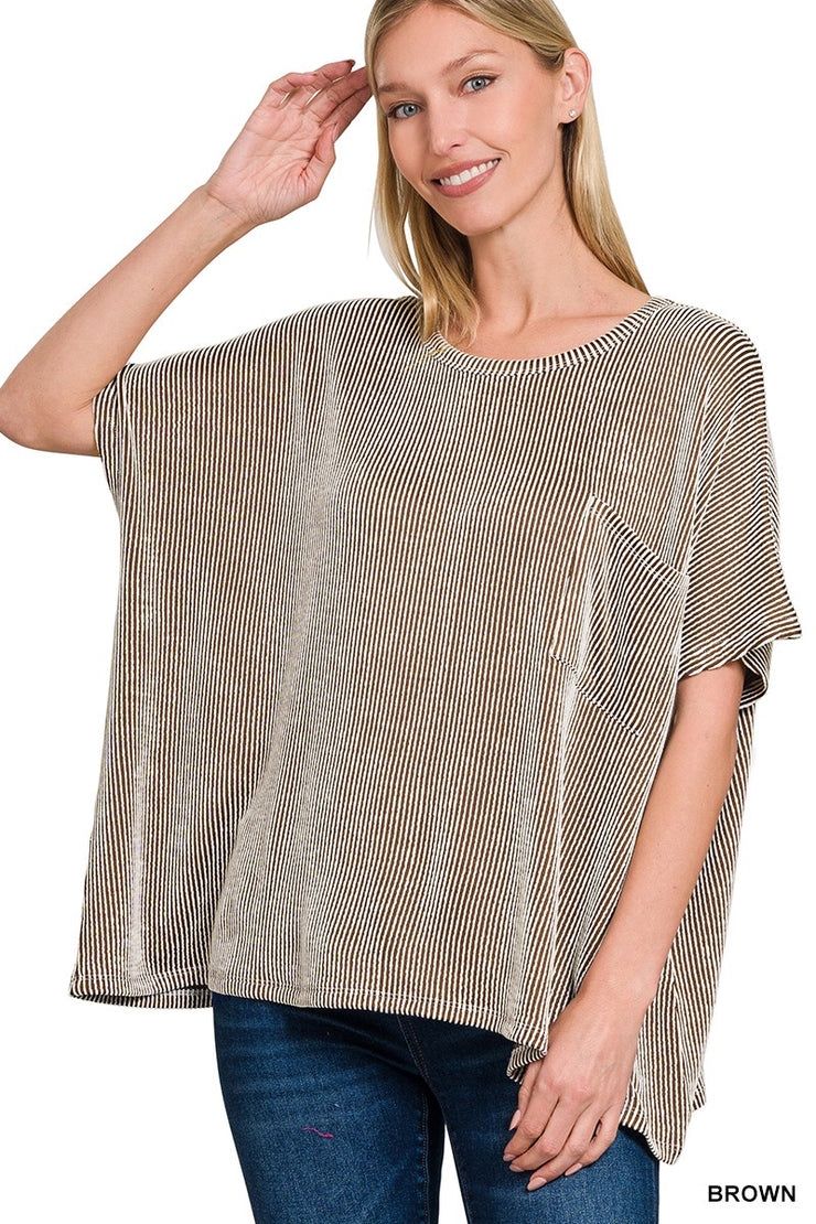 Brown Striped Oversized Short Sleeve Top - L/XL