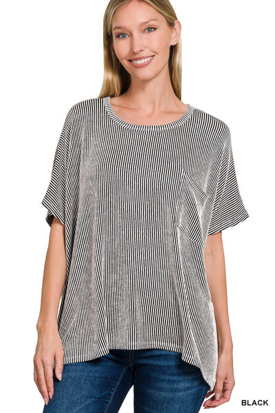 Black Striped Oversized Short Sleeve Top