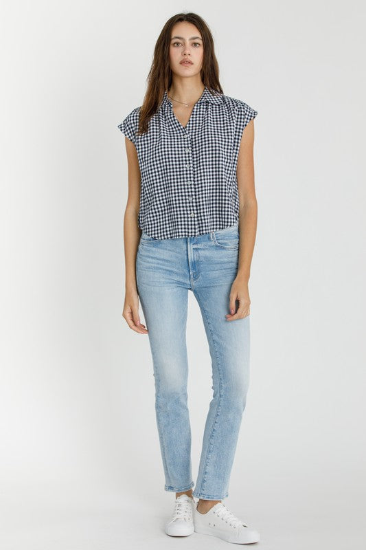 Navy Cropped Gingham Top