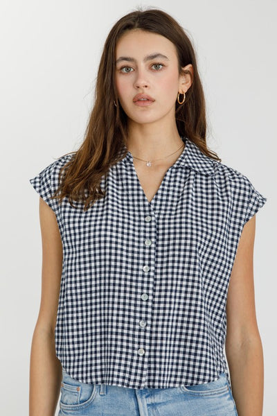Navy Cropped Gingham Top