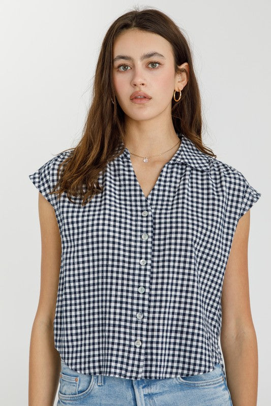 Navy Cropped Gingham Top
