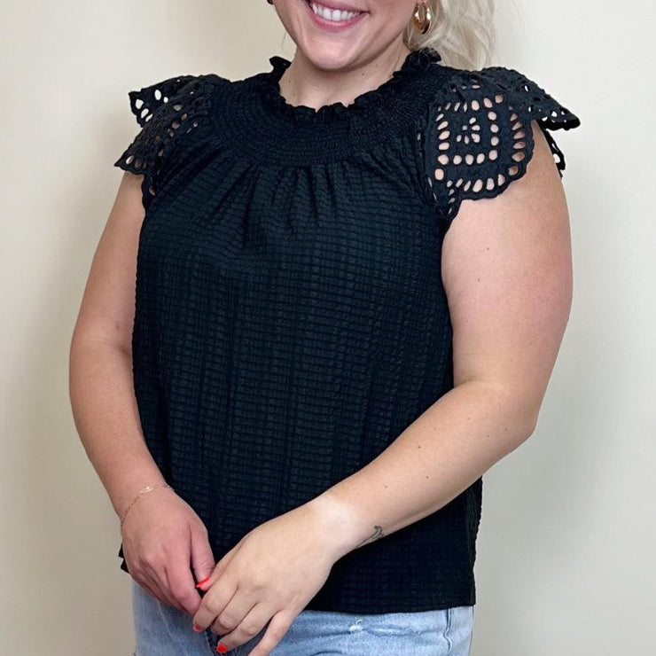 Smocked Neck Eyelet Top - xs
