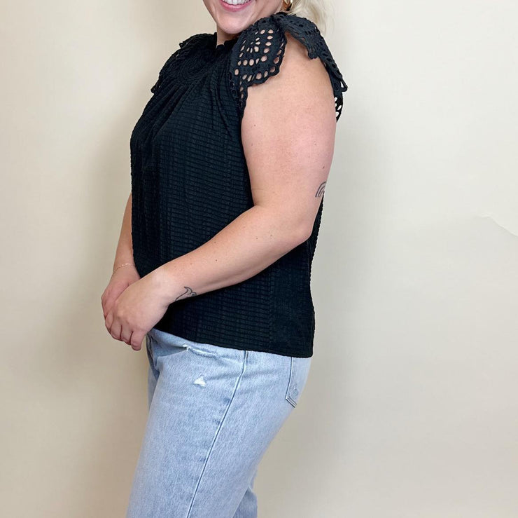Smocked Neck Eyelet Top - xs