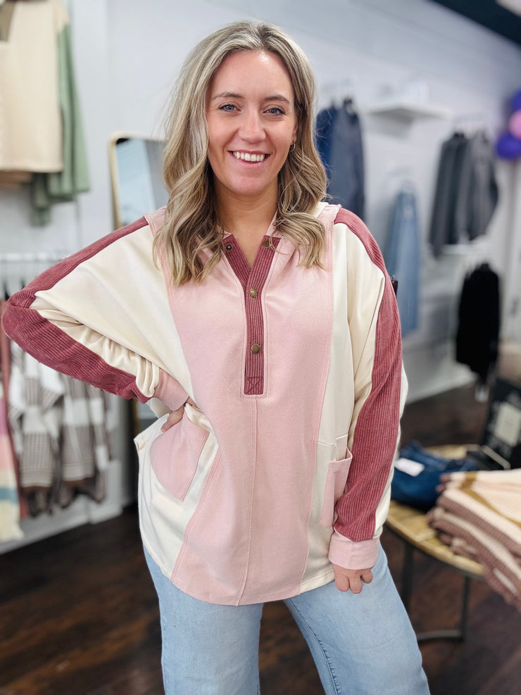 Berry and Beige Color Block Henley