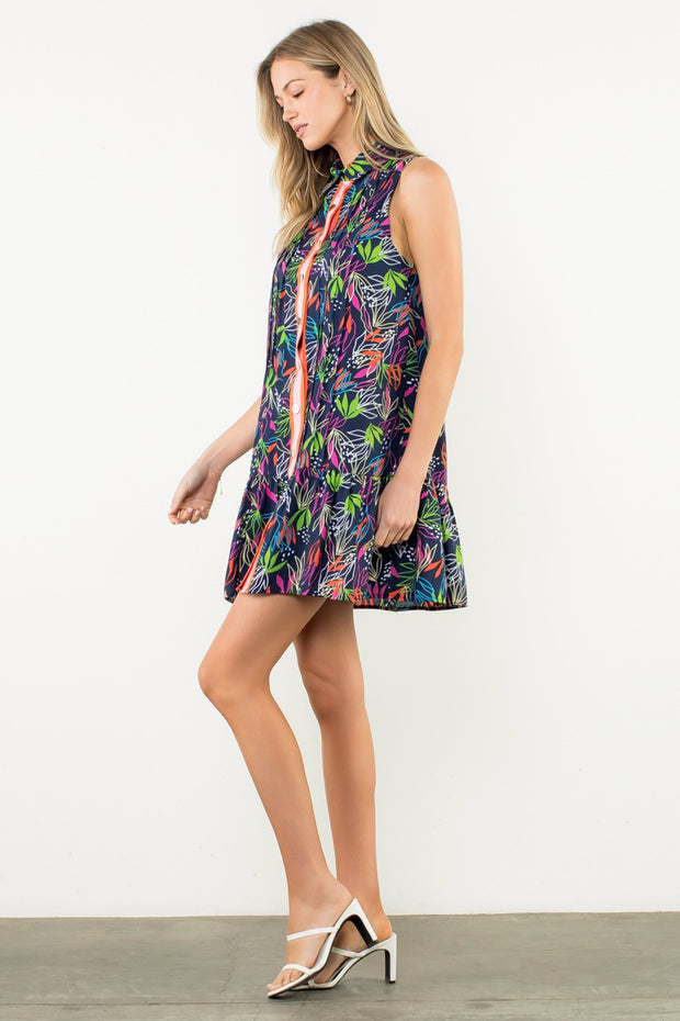 Navy Patterned Button Down Dress