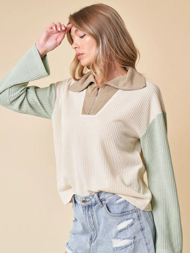 Funnel Neck Color Block Quarter Zip Up