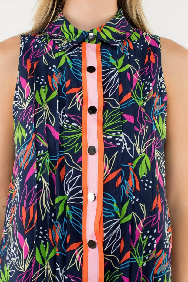 Navy Patterned Button Down Dress