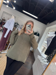 Olive Ribbed Boat Neck Top - M/L