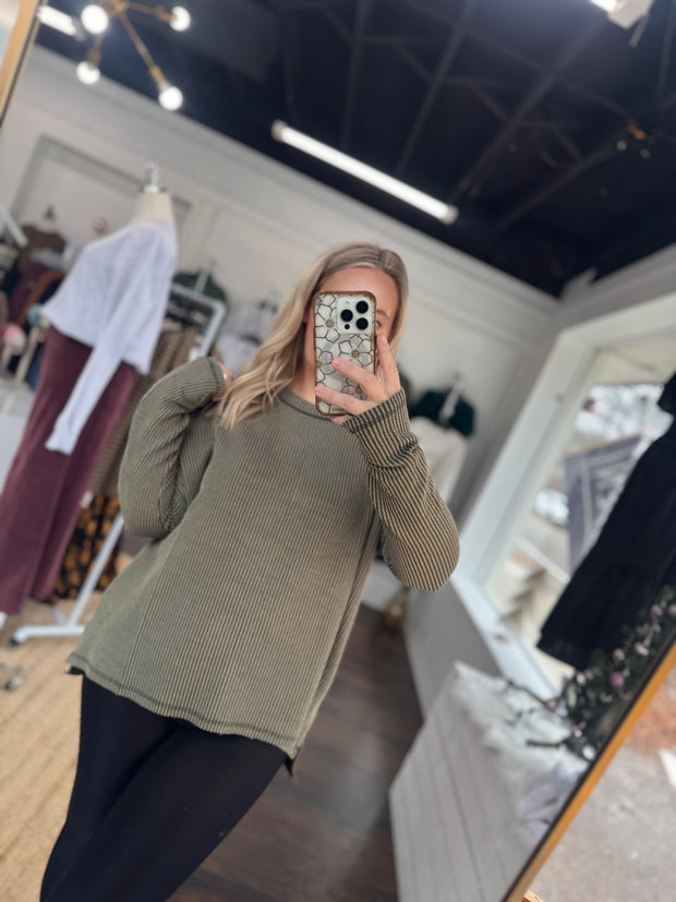 Olive Ribbed Boat Neck Top - M/L