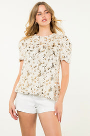 Cream Short Sleeve Fringe Top - Medium