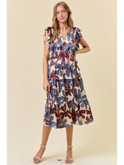 Blue Floral Flutter Sleeve Midi Dress