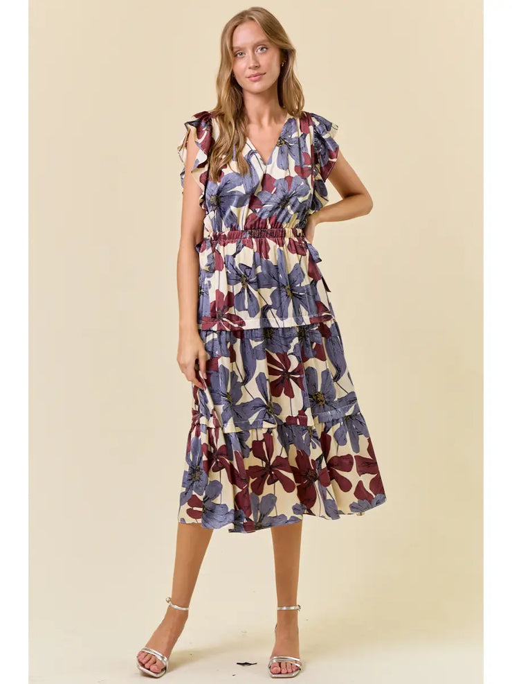 Blue Floral Flutter Sleeve Midi Dress