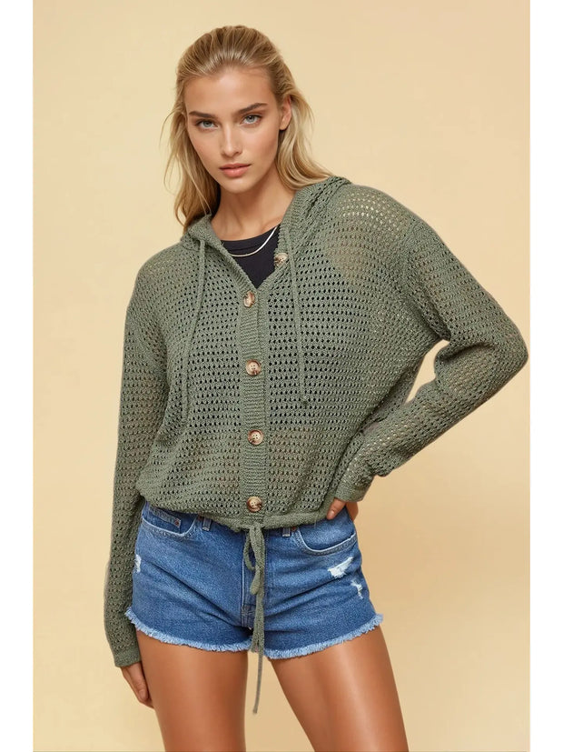 Olive Fishnet Hoodie Cardigan