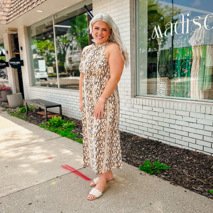 Halter Snake Print Maxi Dress