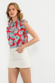 Red Ruffle Sleeve Print Top