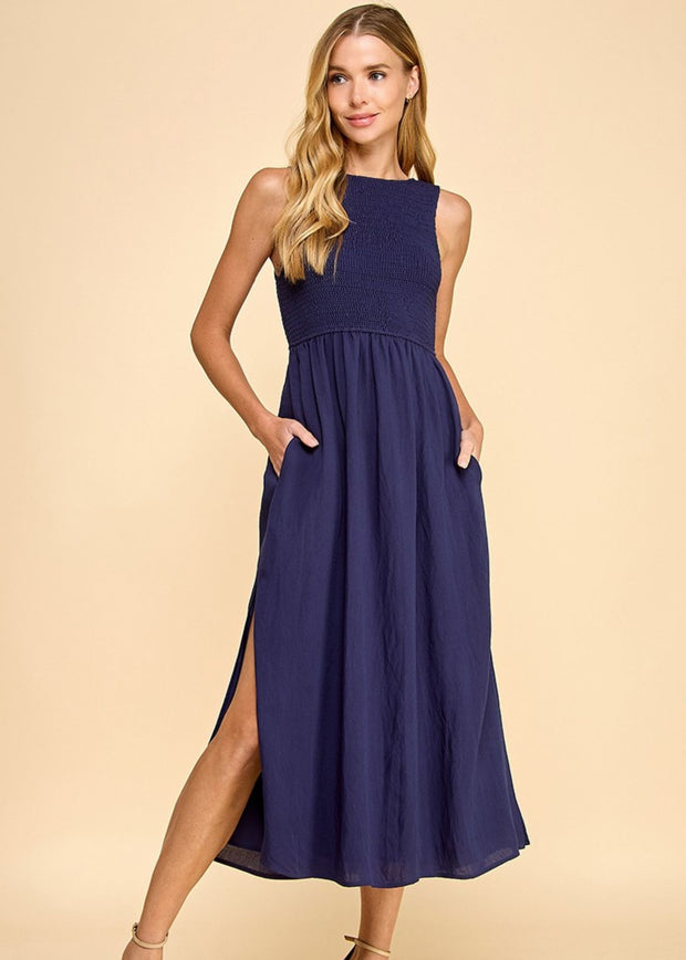 Navy Sleeveless Smocked Dress