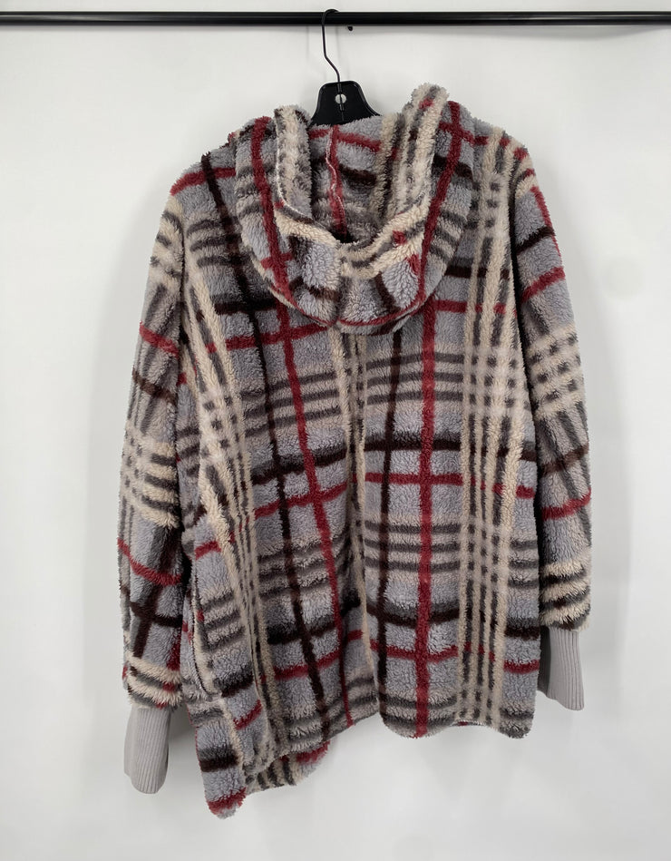Grey check faux fur hooded jacket