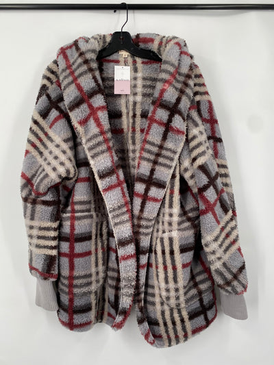 Grey check faux fur hooded jacket