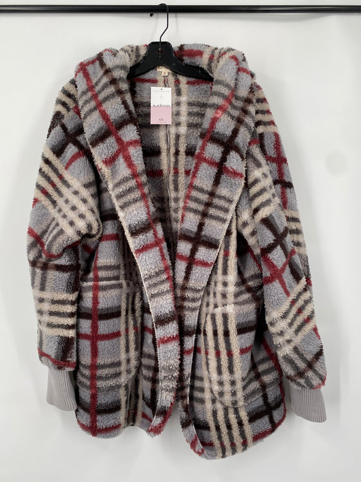 Grey check faux fur hooded jacket