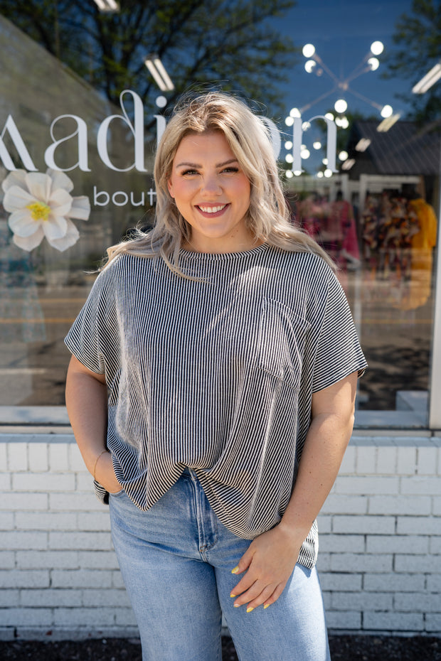Black Striped Oversized Short Sleeve Top