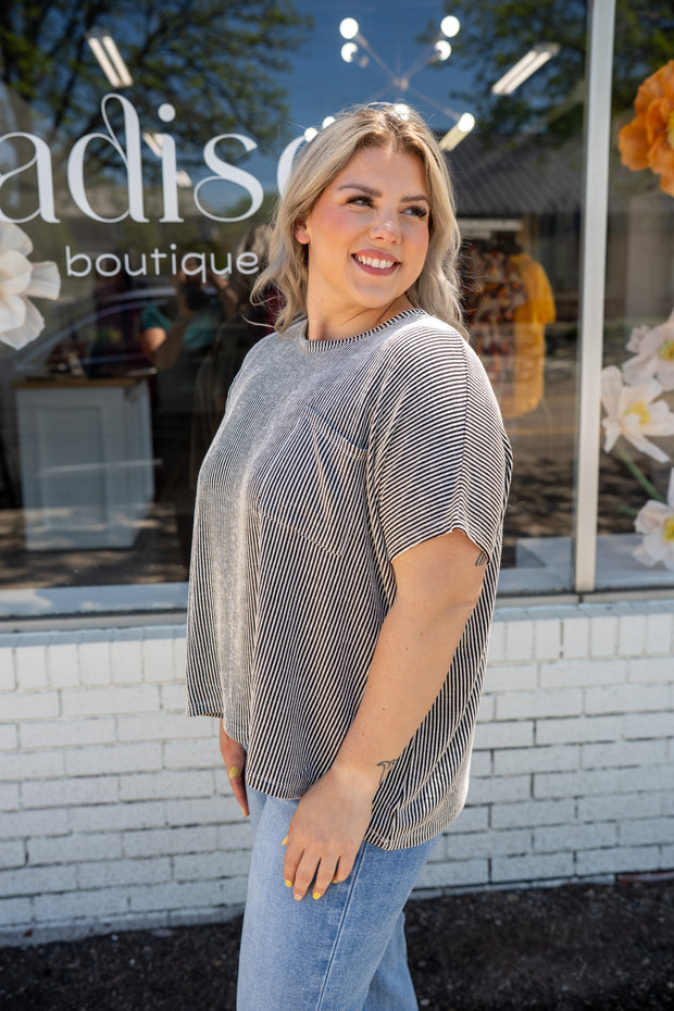 Black Striped Oversized Short Sleeve Top
