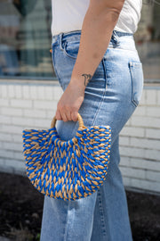Blue Half Round Straw Bag