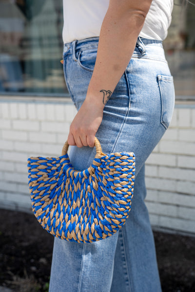 Blue Half Round Straw Bag