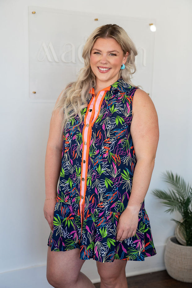 Navy Patterned Button Down Dress