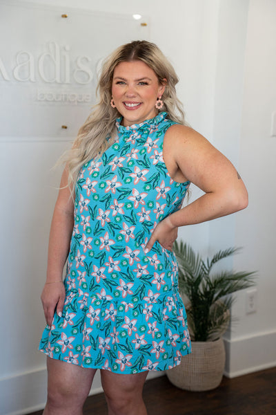 Blue Floral Ruffle Neck Mini Dress