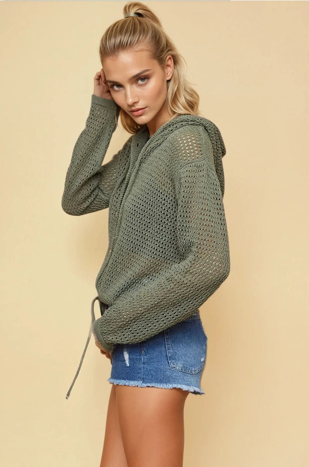 Olive Fishnet Hoodie Cardigan