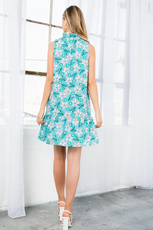 Blue Floral Ruffle Neck Mini Dress