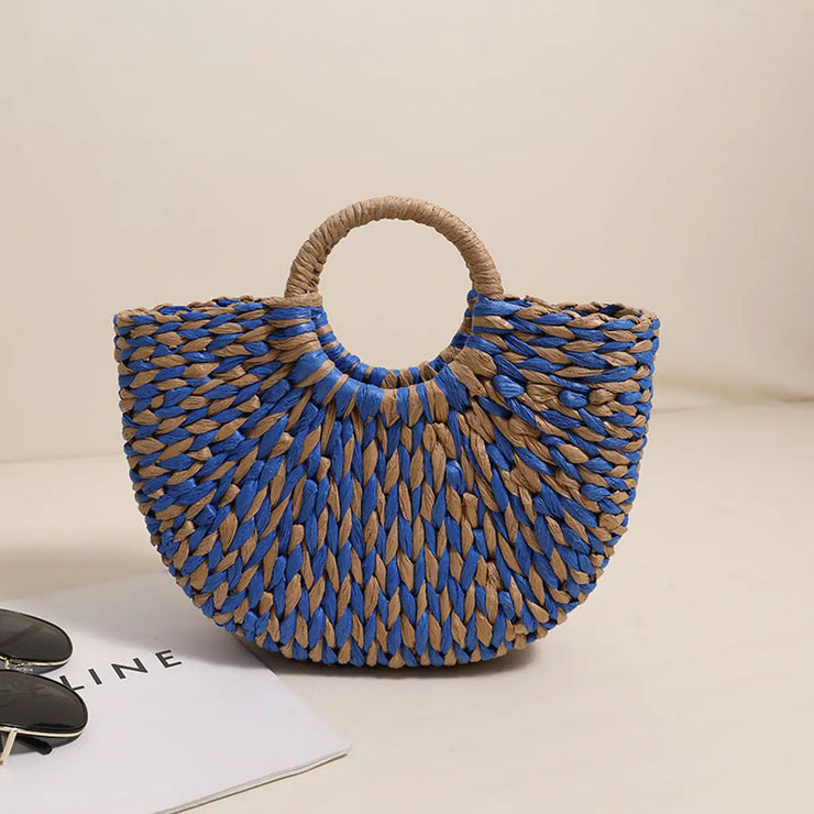 Blue Half Round Straw Bag