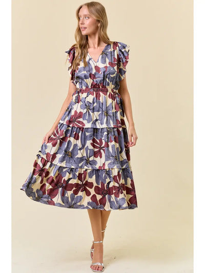 Blue Floral Flutter Sleeve Midi Dress
