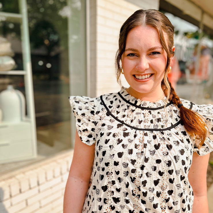 Heart Printed Eyelet Top - Ivory