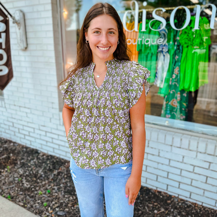 Smocked Floral Print Top