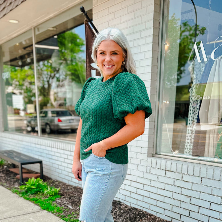 Puff Sleeve Textured Top - Green