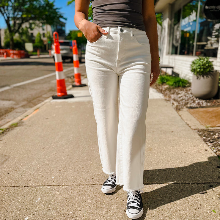High Rise Frayed Cropped White Denim